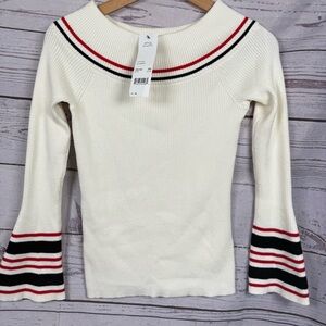 NY Collection White Sweater with Black and Red Stripes Size S petite